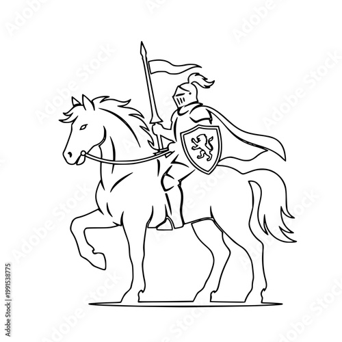 Black silhouette of Knight Horse Standing Hero Pose, Medieval Cavalry Battle Silhouette Vector, Knights on Horseback Fighting with Spears and Shields, Ancient War Scene Illustration
