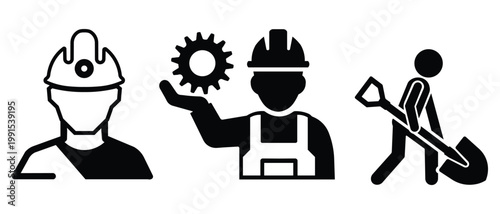Industrial construction worker icons with engineer gear and digger shovel vector set art.