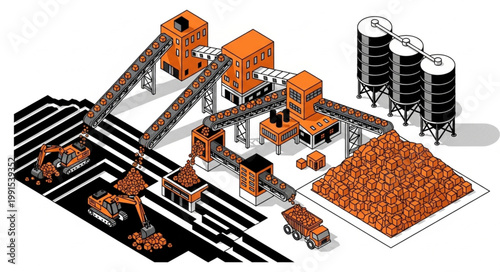 Industrial Conveyor System with Raw Material Storage and Processing Units.