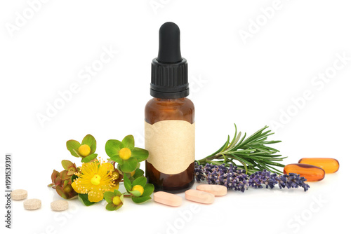 Fotografie Herbal medicine and nutritional supplements used to treat depression with tincture bottle on white background