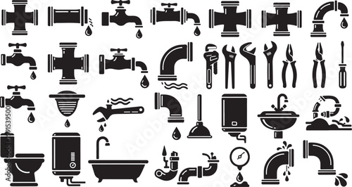 Plumbing tools and icons in black and white