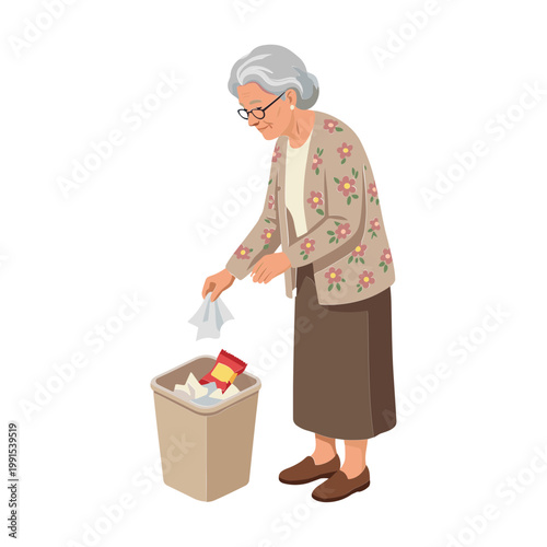 Elderly woman throwing trash into a bin on a street