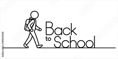 Minimalist line art of a student walking with a backpack and the words Back to School vector illustration
