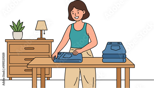 A woman packs a suitcase on a wooden table in a bedroom.