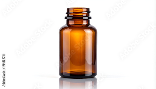 A close-up shot showcases an amber glass bottle with a dark screw-top cap, isolated against a clean white background, highlighting its cylindrical form and reflective surface.