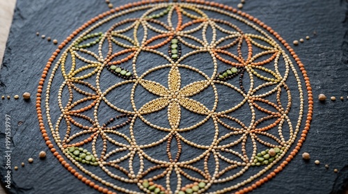 Artistic macro composition using ancient grains pulses forming sacred geometry patterns on dark slate. Macro textures, believable