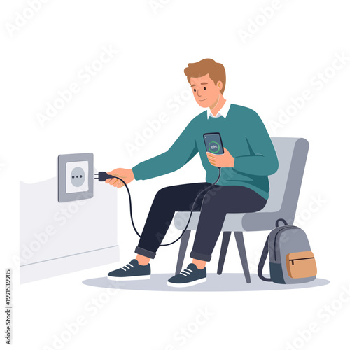A man sits on a chair plugging his phone into a wall socket.