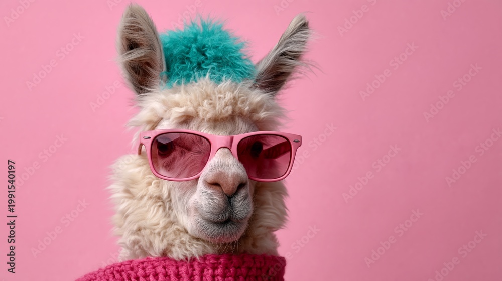 Fototapeta premium Llama wearing pink sunglasses and a colorful knitted sweater against a vibrant pink background, showcasing a playful and whimsical animal portrait