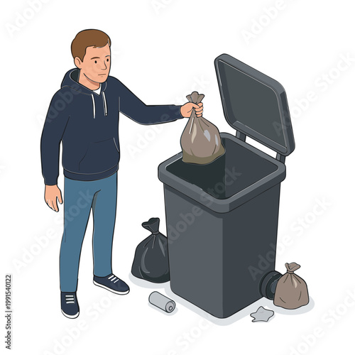 Man throwing trash bag into a large garbage bin outdoors