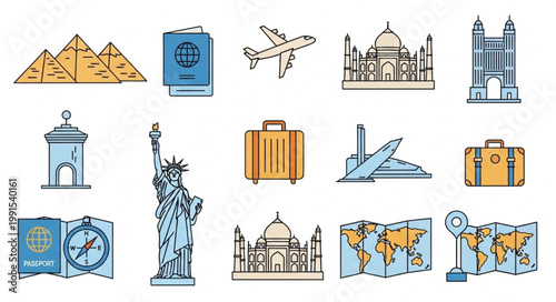 Collection of famous landmarks and travel icons illustration.