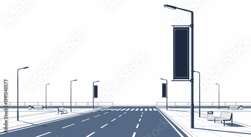 A stylized blueprint-style illustration of a clean, modern urban street scene with banners and streetlights, representing city planning and infrastructure development