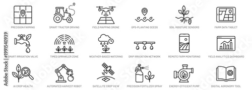 Agricultural technology icons with precision farming, smart irrigation, drones, automated machinery, soil sensors, and digital tools for modern agriculture