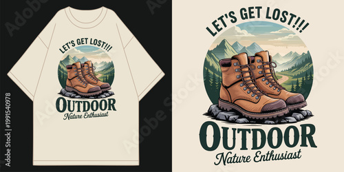 vintage let's get lost outdoor nature enthusiast hiking boots graphic with mountain forest landscape scene on cream oversized apparel t shirt design vector illustration artwork