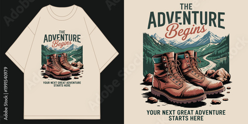 vintage the adventure begins hiking boots illustration with mountain forest and river landscape scene on cream oversized apparel t shirt design vector illustration artwork
