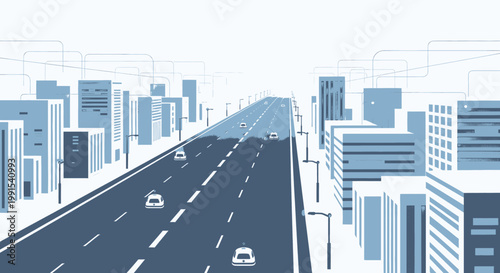 Illustration of a smart city road with autonomous vehicles driving through a cityscape with modern buildings under a blue sky
