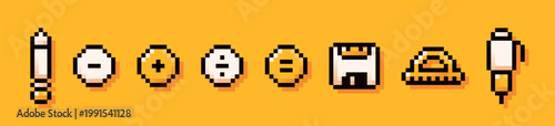 Back to School pixel art yellow elements. Pen, pencil, floppy disk, mathematical symbols, ruler simple details.