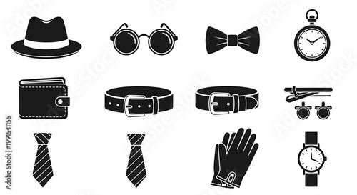 Elegant collection of classic mens accessories in monochrome style.