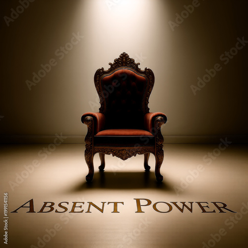 Ornate chair labeled absent power representing leadership void authority gap and instability within political governance systems