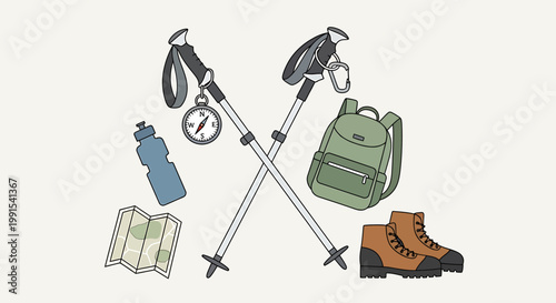 Essential Hiking Gear - Backpack, Boots, Poles, Compass, and Map.