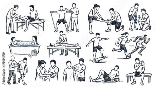 Collection of illustrations depicting various physical therapy and rehabilitation exercises and treatments.