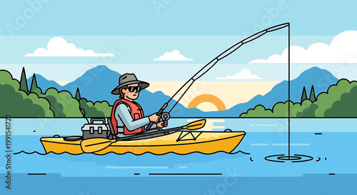 Fisherman in Kayak Casting Fishing Rod on Calm Lake Water.