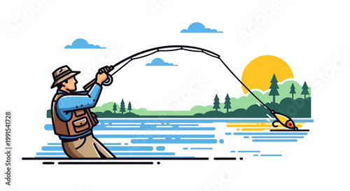Fisherman reeling in a fish with a fishing rod on a sunny day.