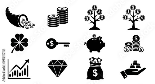 Financial icons and money symbols.