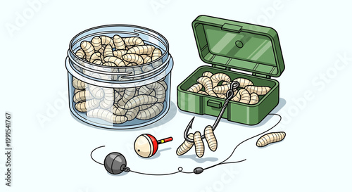 Fishing bait worms in containers.