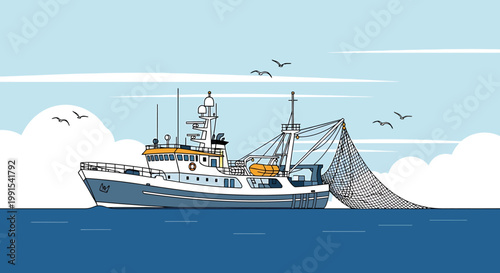 Fishing Boat on the Ocean Water.