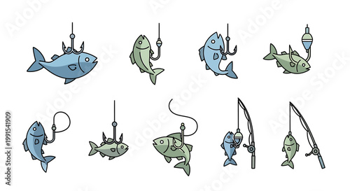 Fish Hanging From Fishing Hooks.