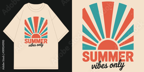 Fotografi summer vibes only retro sunset sunburst t-shirt design with vintage geometric su