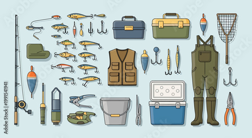 Fishing gear and tackle equipment set.