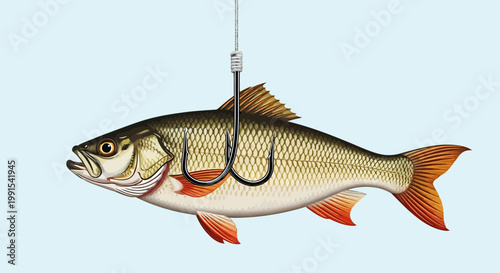 Fish Hanging on Fishing Hook Closeup.
