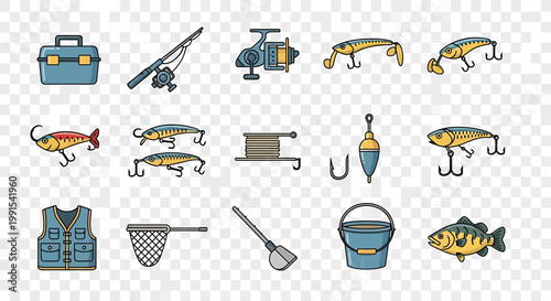 Fishing gear and tackle equipment set.