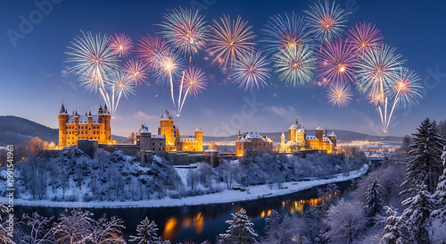 Snowy castle with fireworks display over river at dusk