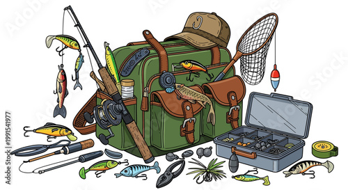 Fishing gear and tackle equipment set.