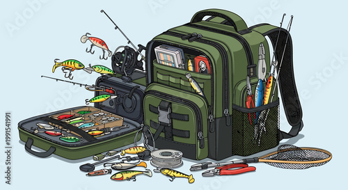 Fishing Gear Backpack Tackle Box Lures Rods Reels Accessories.