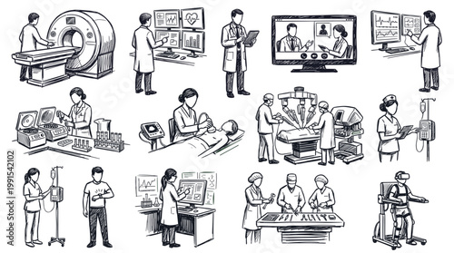 A collection of hand-drawn sketches depicting various medical procedures, diagnostic equipment, and healthcare professionals in a hospital setting.