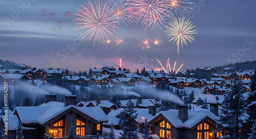 Snowy village celebrating with fireworks display at dusk houses trees