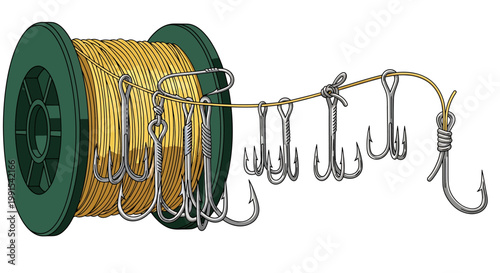 Fishing hooks on yellow line spool.