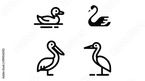 Iconic Bird Illustrations: A collection of simple, stylized illustrations depicting various birds, suitable for digital design or graphic projects. Each illustration shows a different bird.