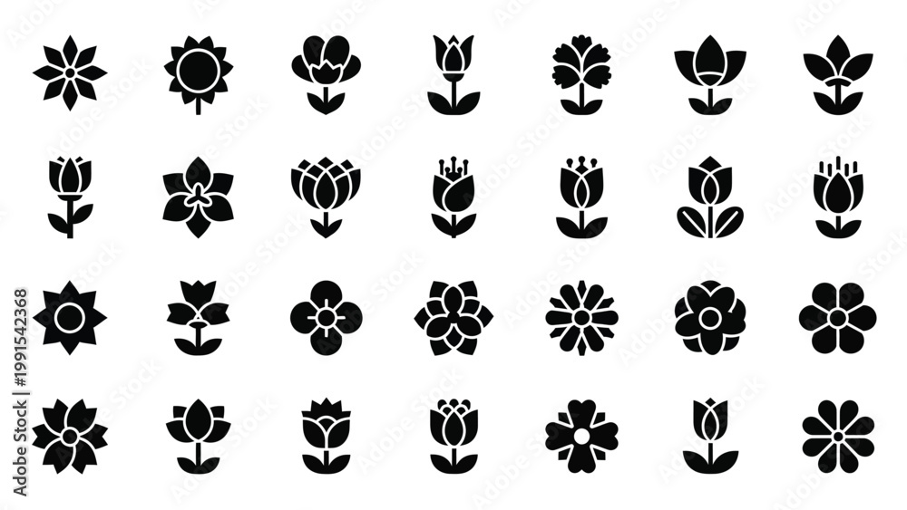 Obraz premium Set of black and white flower icons for design. Decorative floral elements.