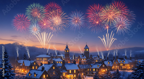 Snowy village with fireworks display at dusk night sky celebration