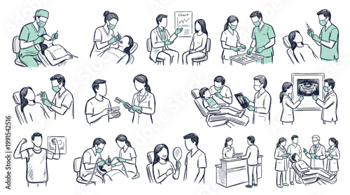 Collection of illustrations depicting various dental procedures, patient consultations, and dental team interactions.