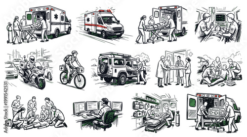 A collection of hand-drawn sketches illustrating various aspects of emergency medical services and healthcare scenarios.