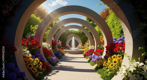 Rhythmic stone arches frame a spectacular garden view featuring lush greenery, vibrant floral arrangements, and sunlit architectural details, foliage, horizon, flora