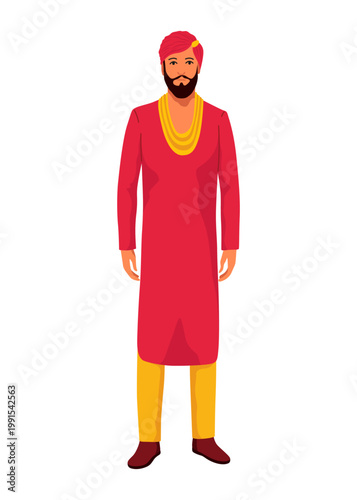 Traditional wedding attire preparation, Male participant in cultural dress exhibits confidence and pride