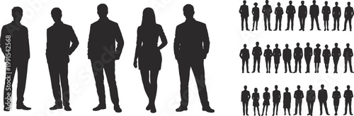 Business people silhouettes collection, corporate team standing in formal poses, diverse office workers group isolated on white background design