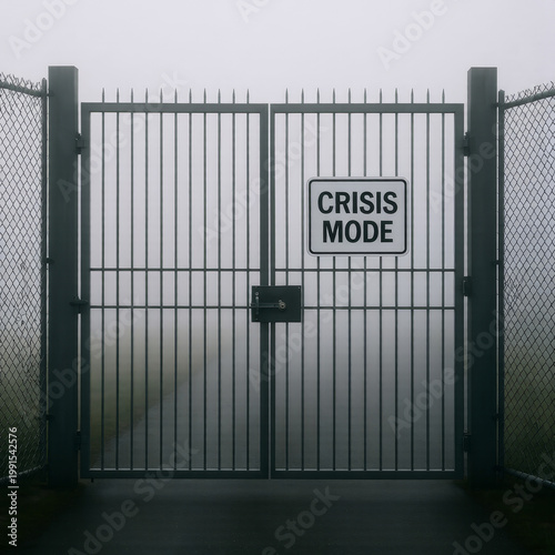 Locked gate labeled crisis mode representing restricted movement emergency control and limited access within political systems