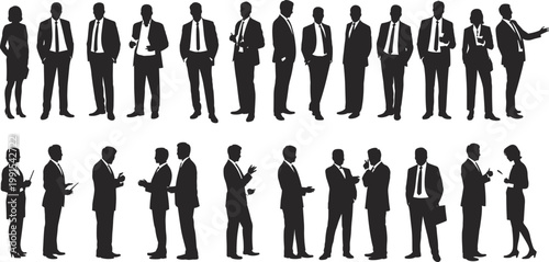 Business people silhouettes collection, professional corporate team standing and discussing, diverse office workers in formal suits isolated on white background